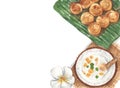 DifferentÃÂ Thai Desserts with white flowers. Top view with copy space for your text